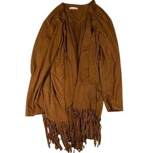 Loveriche Brown Faux Suede Fringe Open Front‎ Cardigan Festival Boho Duster